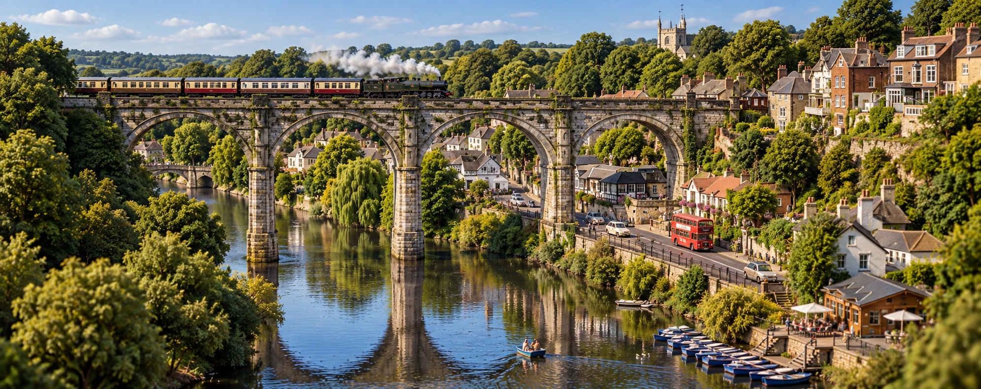 Miniature British riverside village with a steam train crossing a stone viaduct and vehicles moving through the landscape