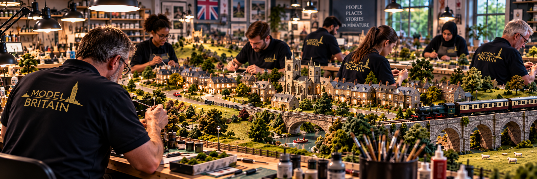 Model Britain team creating and developing a large miniature British landscape in the workshop