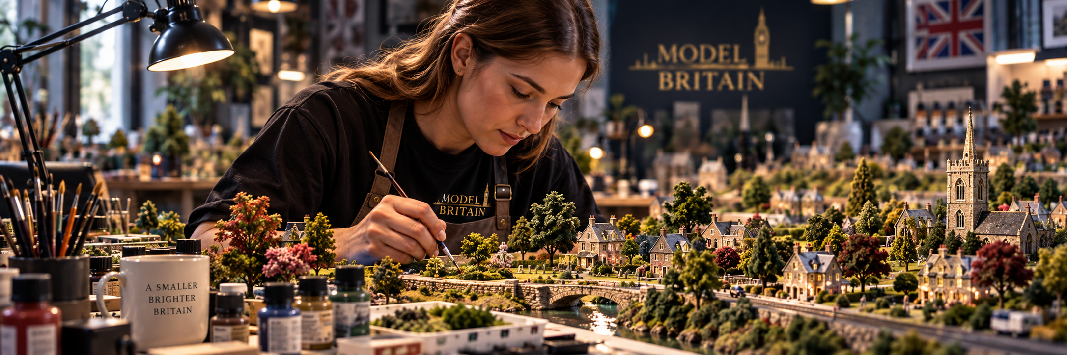 Modelmaker carefully working on a detailed miniature British landscape